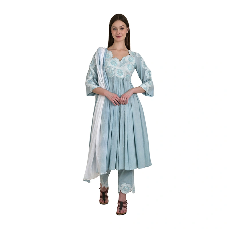 Female model in light blue anarkali kurta with dupatta - ethnic wear ecommerce photography by Lohar Studio Delhi